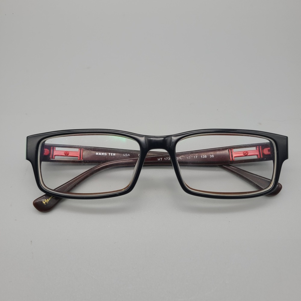 Hang Ten HT 1737 07L Rectangular Eyeglass Frames Black Red 53-17-138-36 Mens